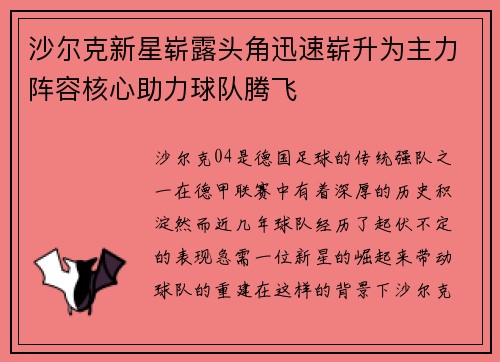 沙尔克新星崭露头角迅速崭升为主力阵容核心助力球队腾飞